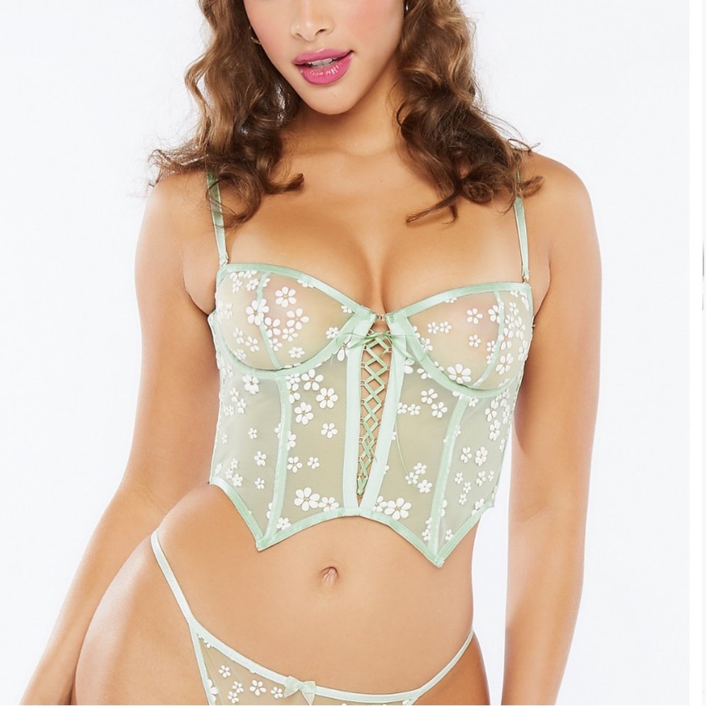 NWT Savage X Fenty Mint Floral Sheer Corset & String Bikini Set